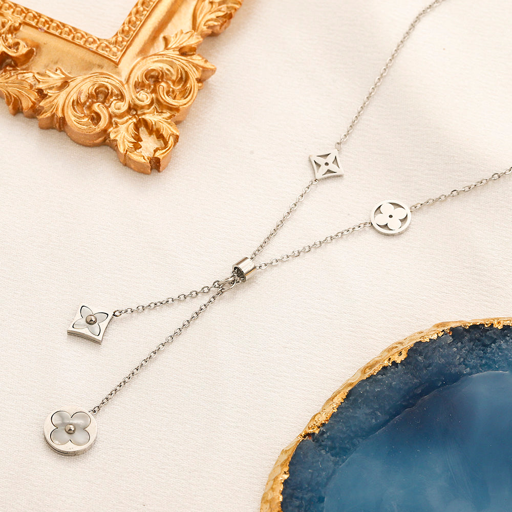 304 Stainless Steel Floral Monogram Y-Drop Necklace