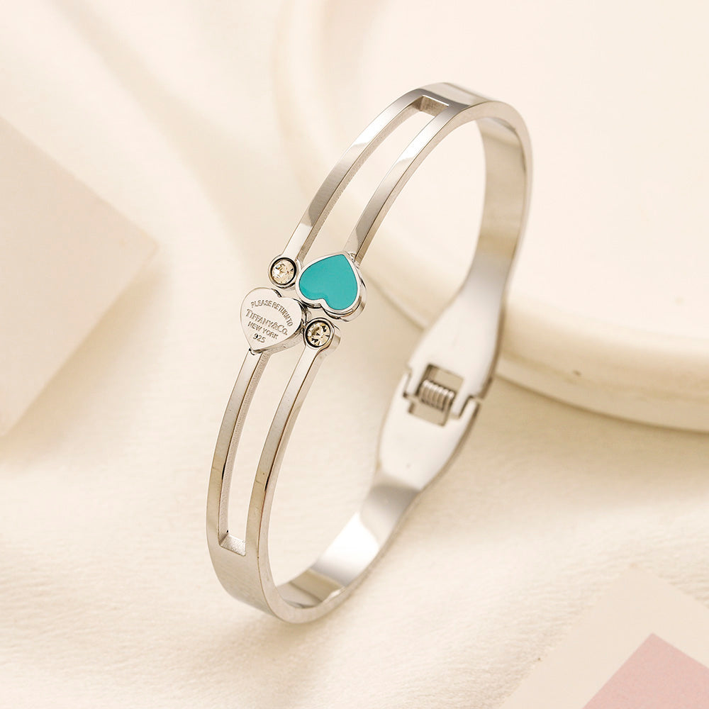 304 Stainless Steel Heart & T-Motif Open Cuff Bracelet