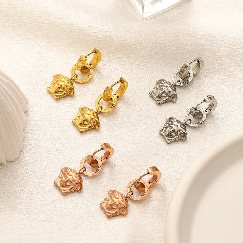 304 Stainless Steel Hexagonal Medusa Charm Huggie Earrings
