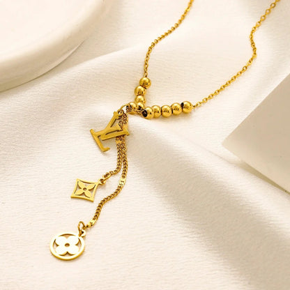 304 Stainless Steel Floral Monogram Charm Y-Necklace
