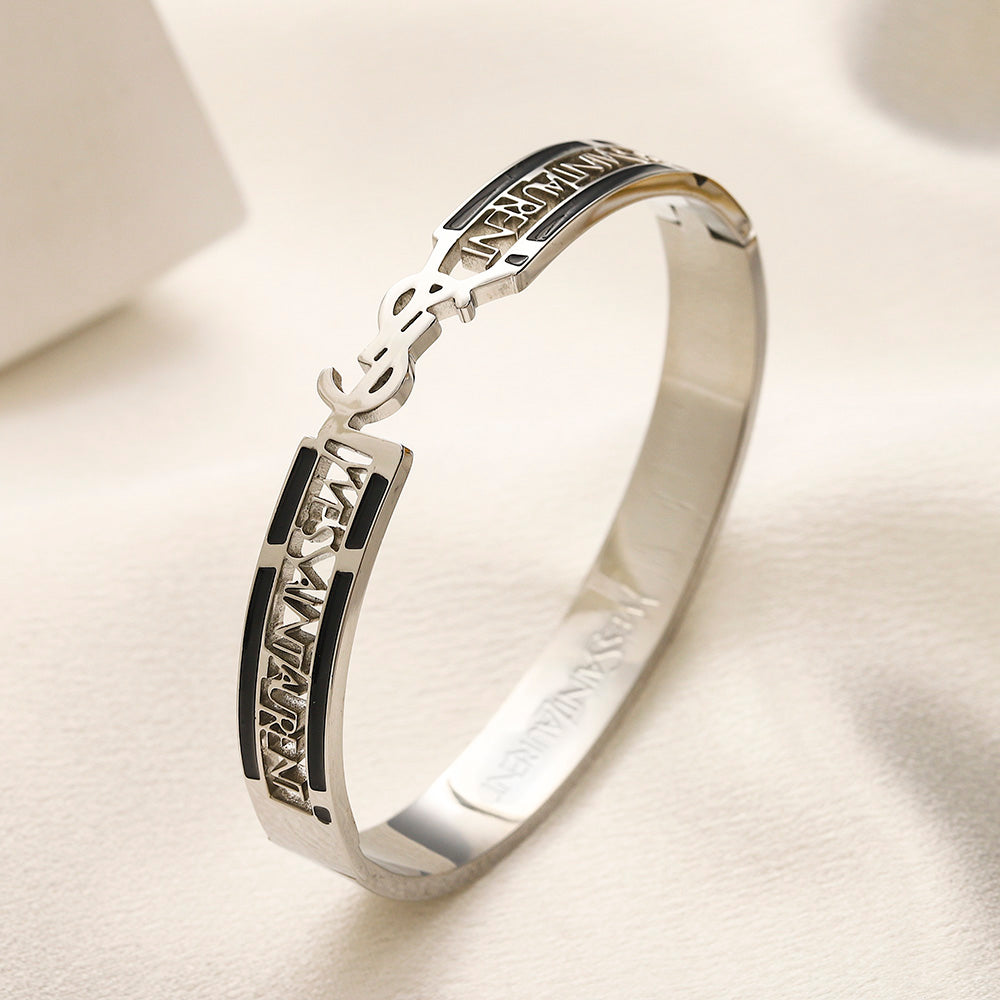 304 Stainless Steel Color-Inlay Monogram Pave Bangle Bracelet