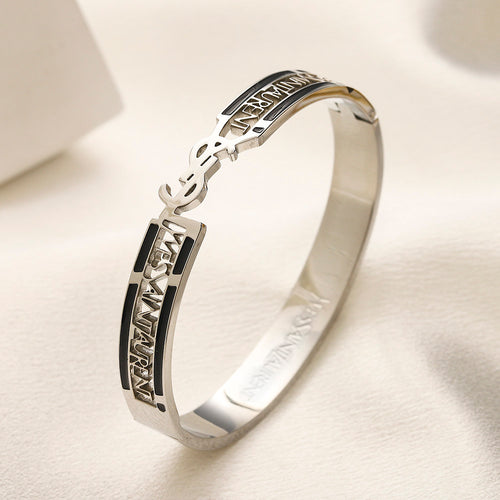 304 Stainless Steel Color-Inlay Monogram Pave Bangle Bracelet