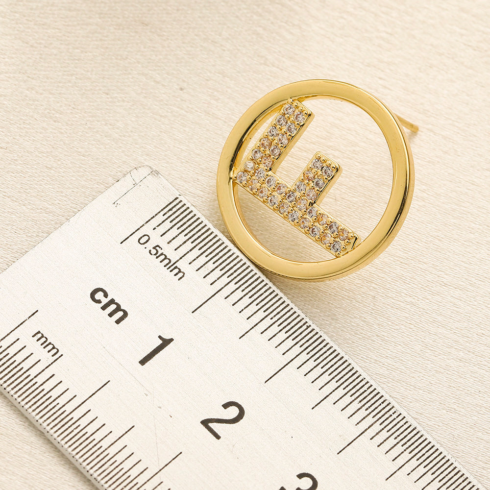304 Stainless Steel Pave Round F-Motif Stud Earrings