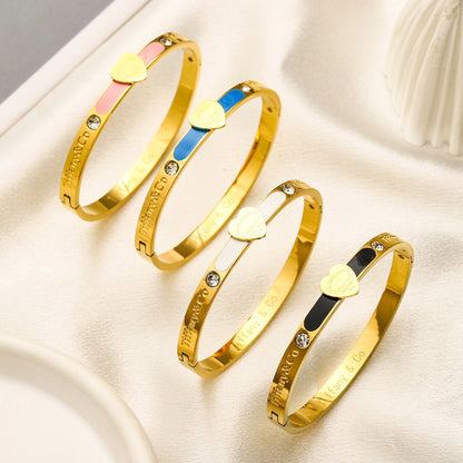 304 Stainless Steel Colorful Heart Stone-Accent Bangle Bracelet