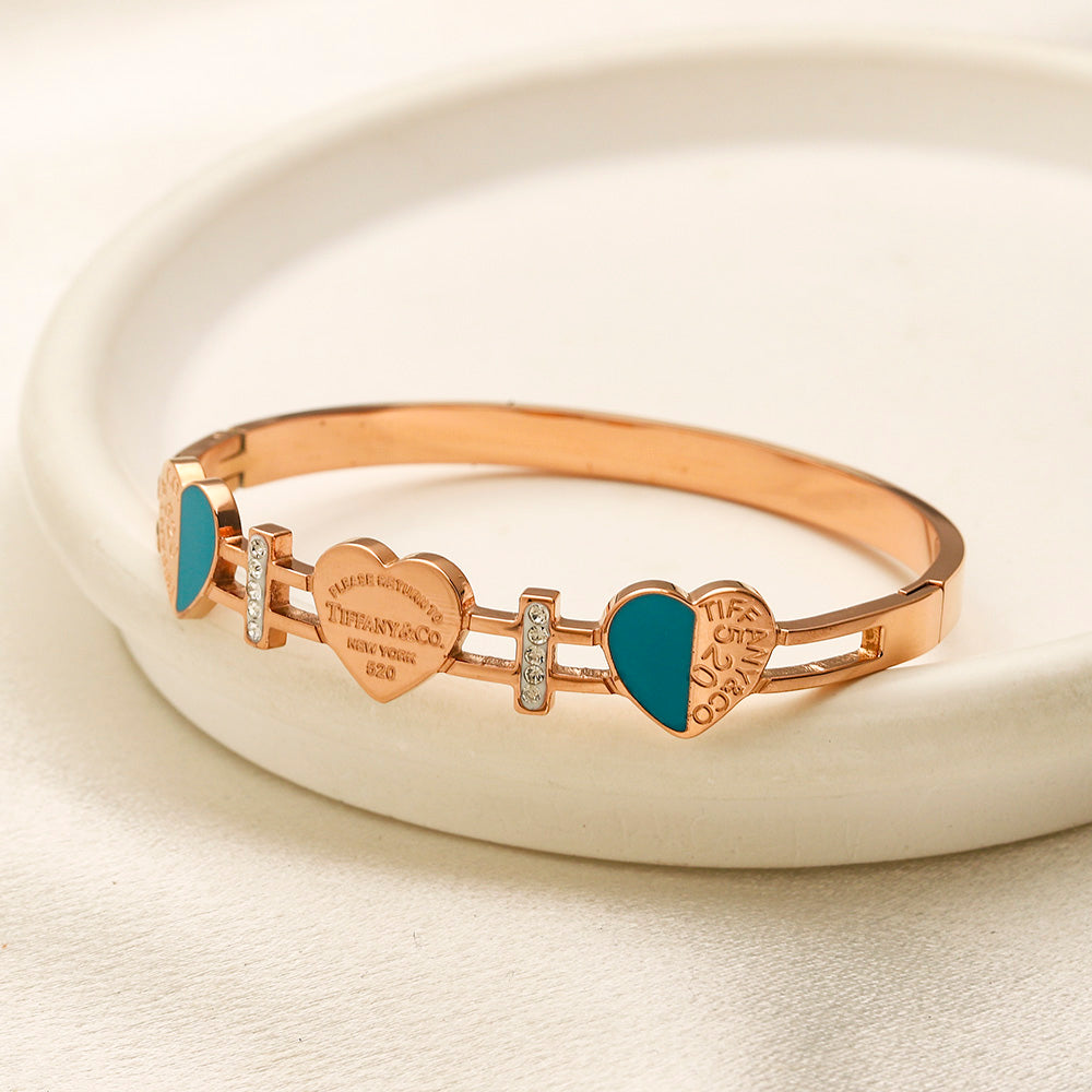 304 Stainless Steel Blue Heart & Pave Link Bangle Bracelet