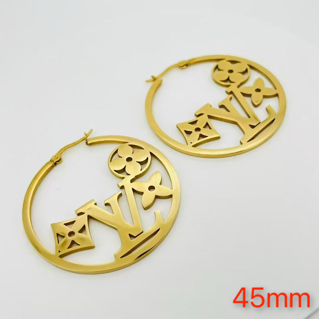 304 Stainless Steel Floral Monogram Hoop Earrings