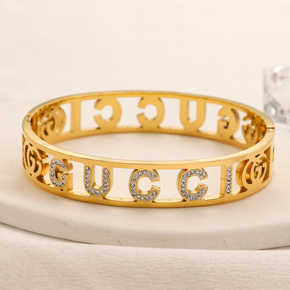 304 Stainless Steel Openwork Lettering Pave Bangle Bracelet