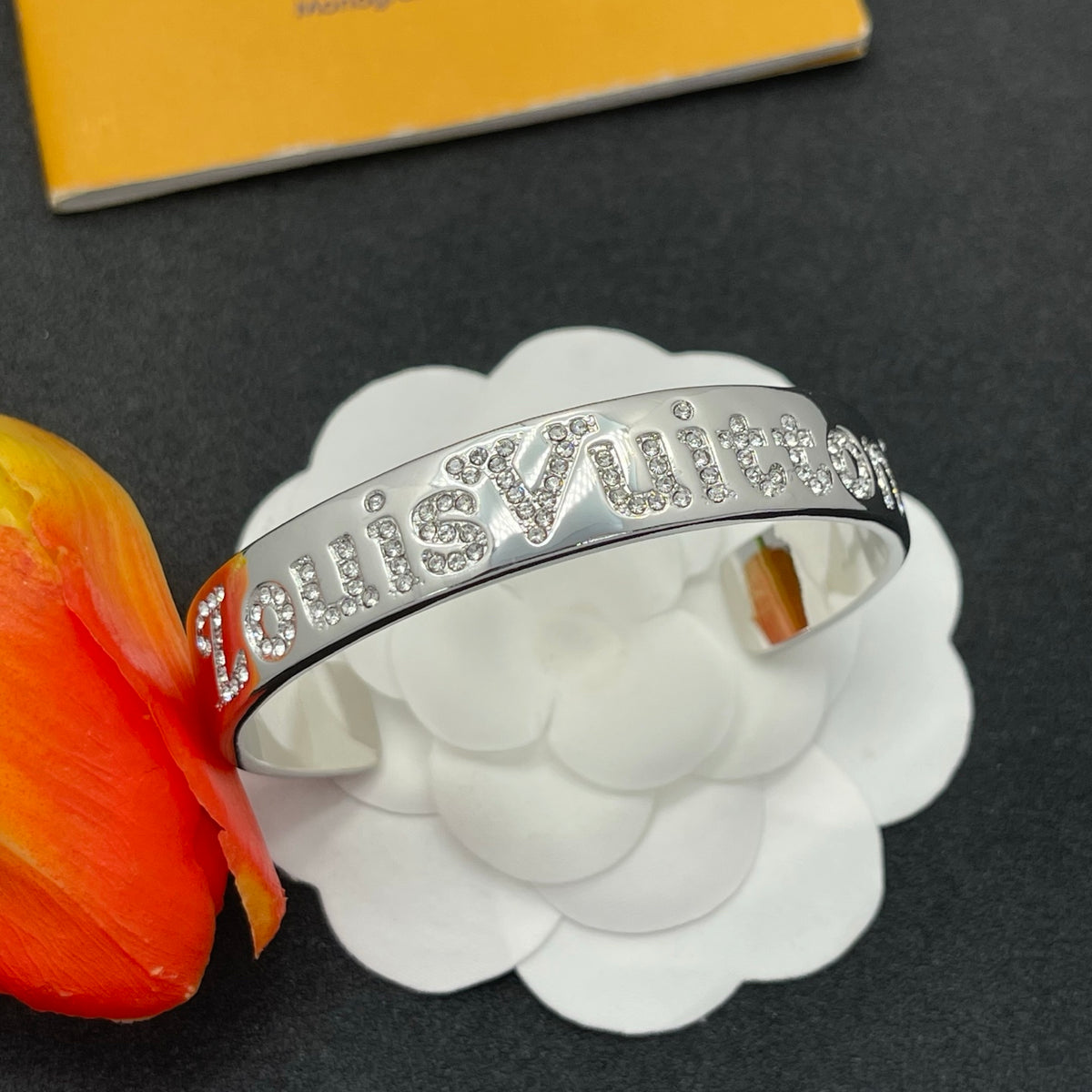 Pave Floral Monogram Open Cuff Bracelet