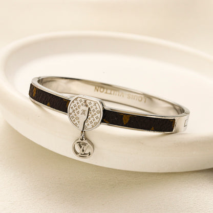 304 Stainless Steel Pave Color-Inlay Bangle with Round Charm