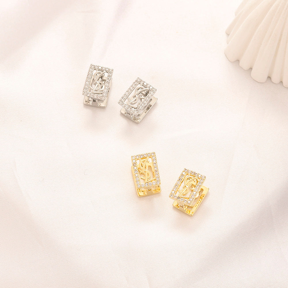 304 Stainless Steel Pave Rectangle Monogram Stud Earrings
