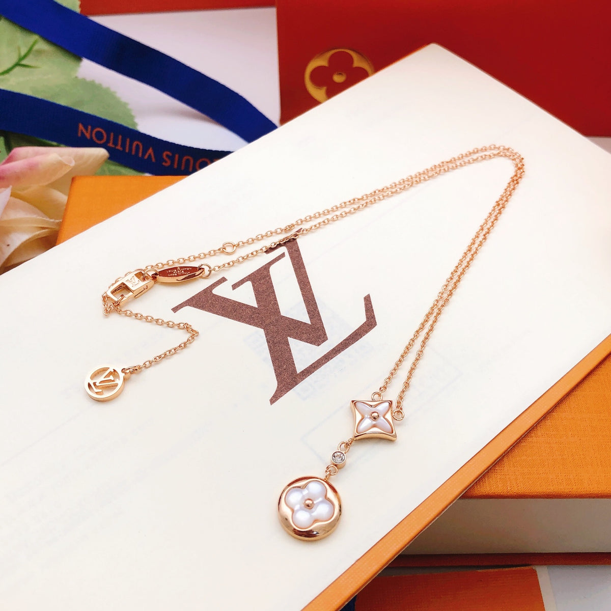 Monogram & Floral Square Drop Necklace