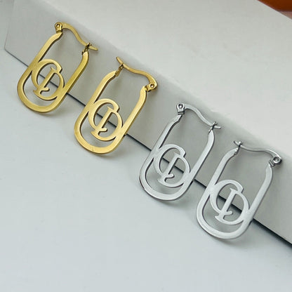 304 Stainless Steel Oval Letter Hoop Earrings