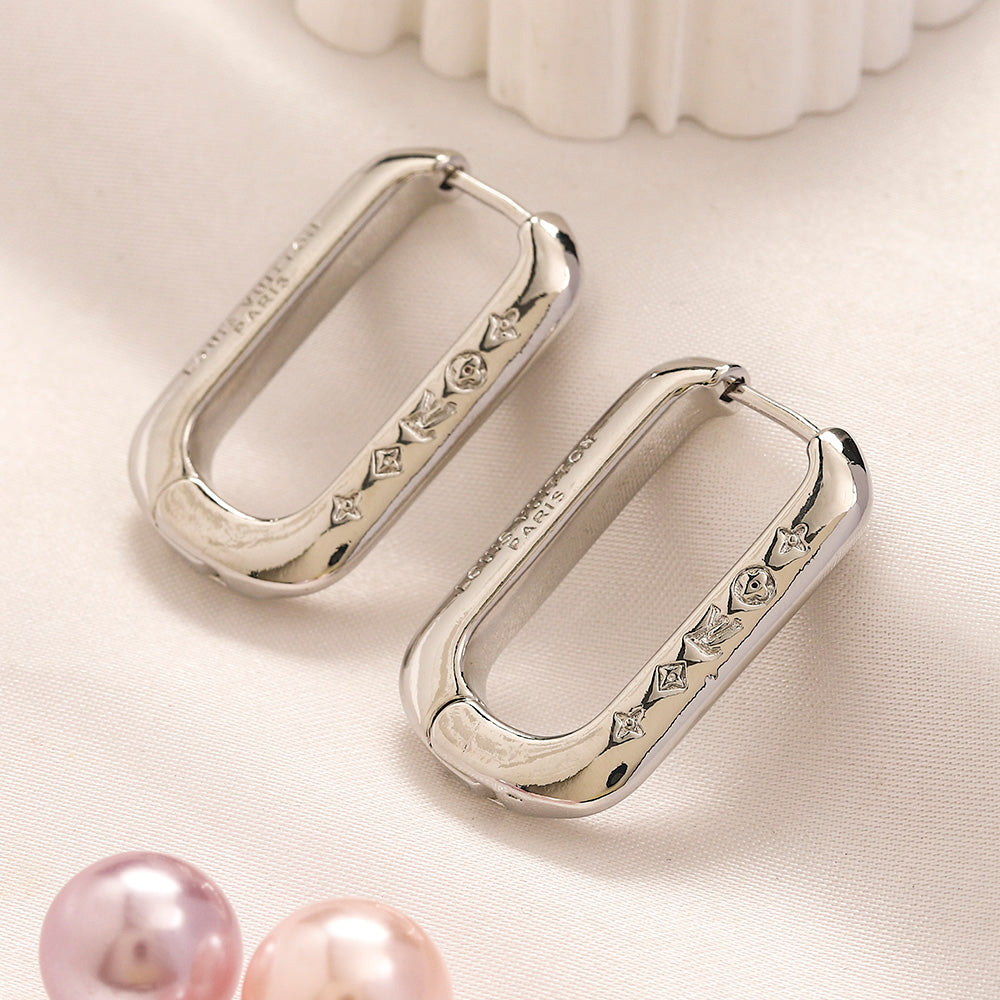 304 Stainless Steel Engraved Oblong Hoop Earrings