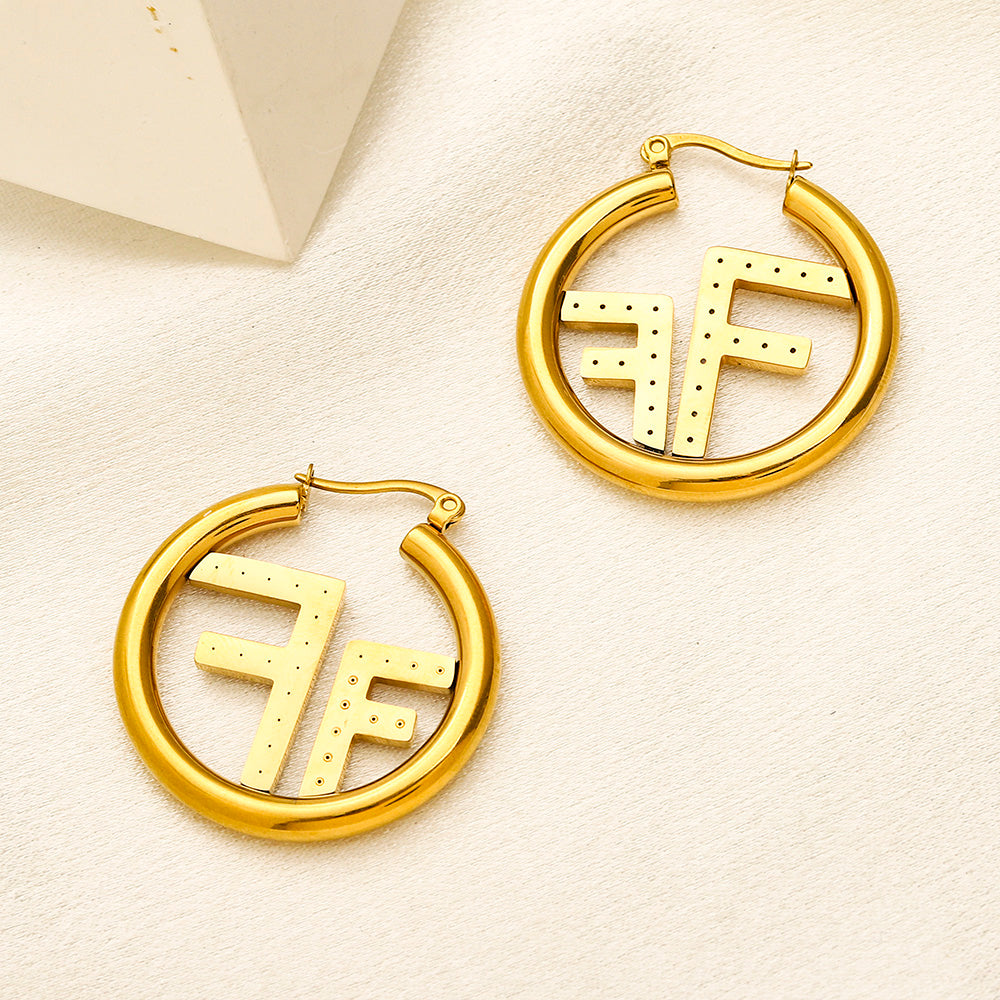 304 Stainless Steel Pave F-Motif Hoop Earrings