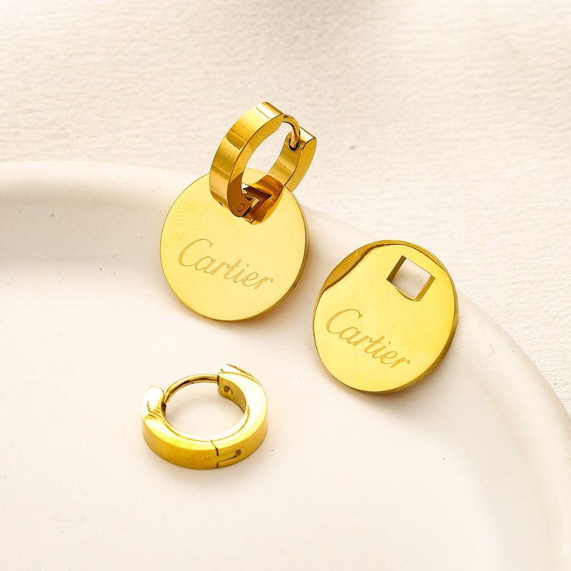 304 Stainless Steel Engraved Round Tag Huggie Earrings