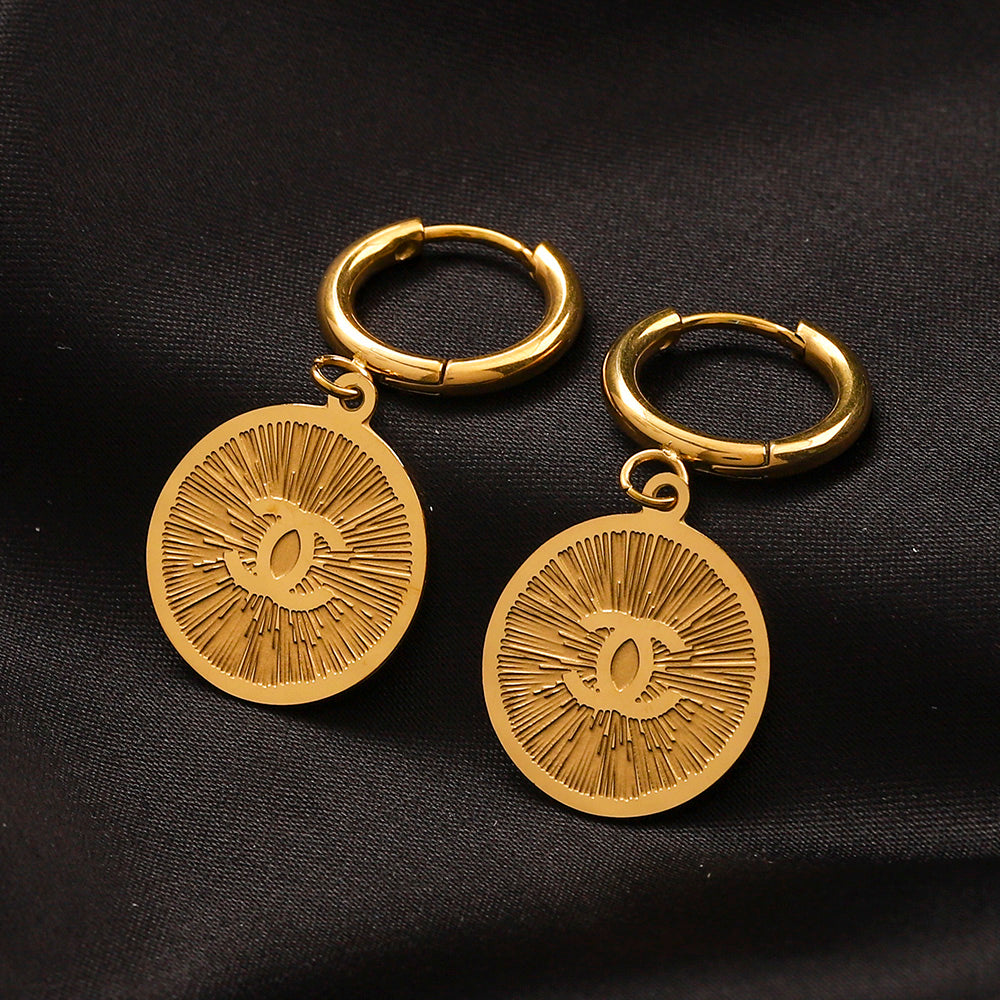 304 Stainless Steel Engraved Medallion Charm Hoop Earrings