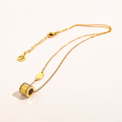 304 Stainless Steel Pave-Edge Barrel Pendant Necklace