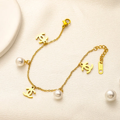 304 Stainless Steel Pearl-Look Bead & Interlocking-C Charm Bracelet