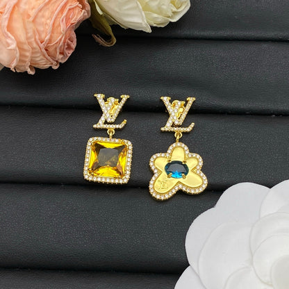 Asymmetric Square & Flower Stone Drop Earrings