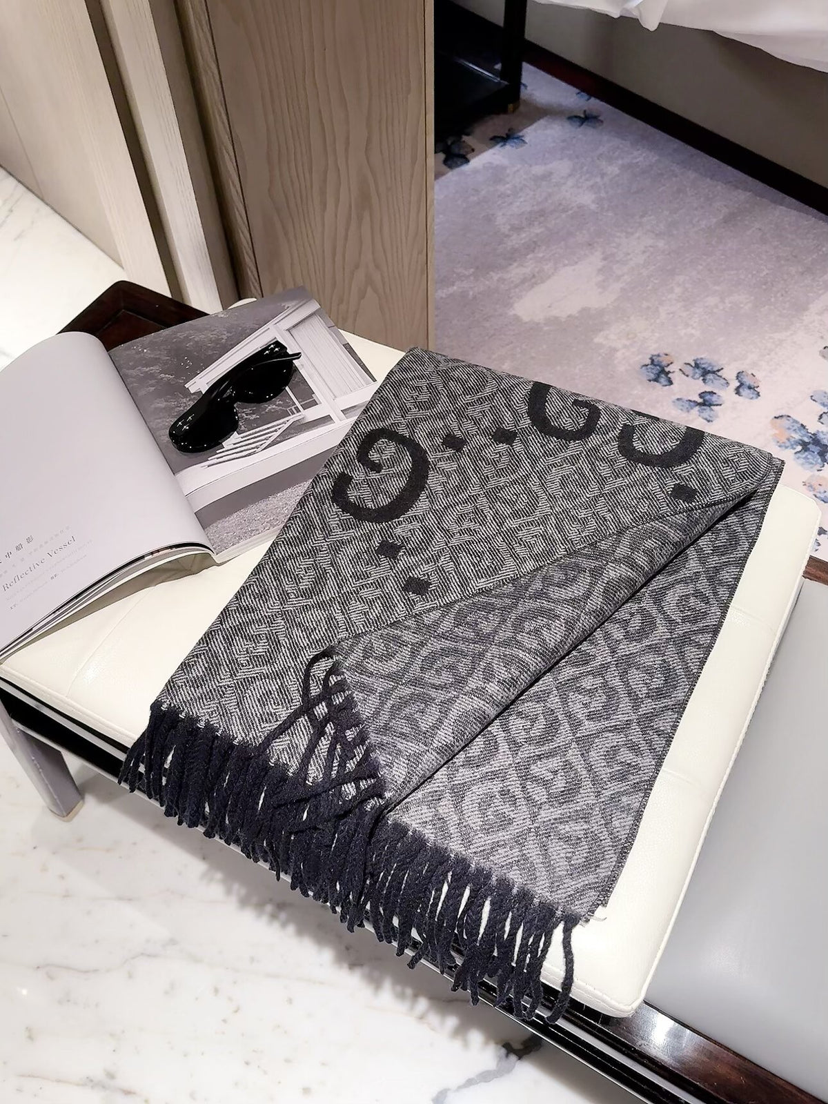 Oversized Double-G Motif Fringed Scarf