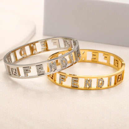 304 Stainless Steel Openwork Letter Bangle Bracelet