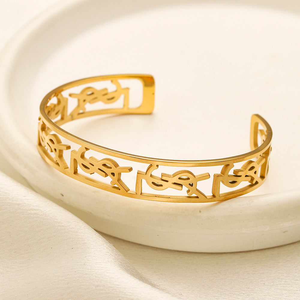 304 Stainless Steel Openwork Monogram Band Cuff Bracelet