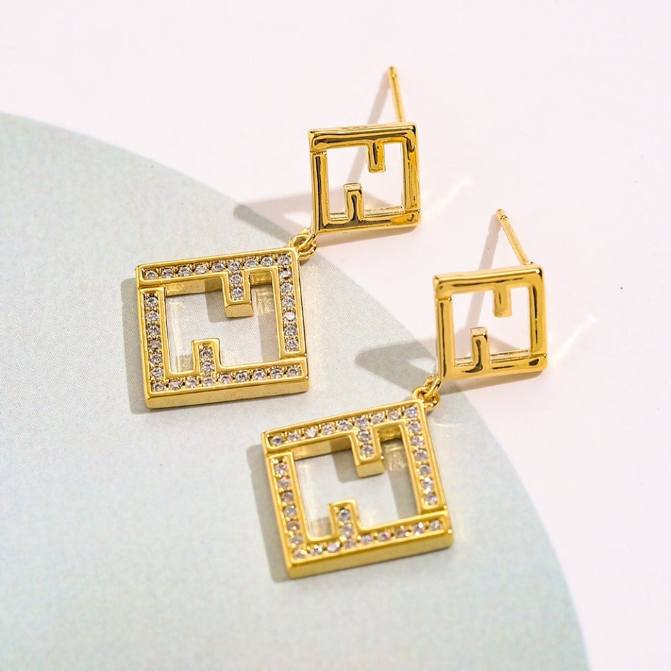 304 Stainless Steel Double Square Pave Drop Earrings