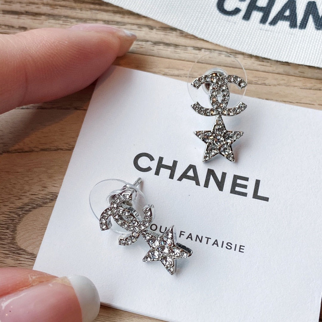 Pave Interlocking-C & Star Stud Earrings