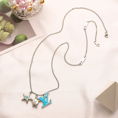 304 Stainless Steel Color-Accent Flower & Monogram Necklace