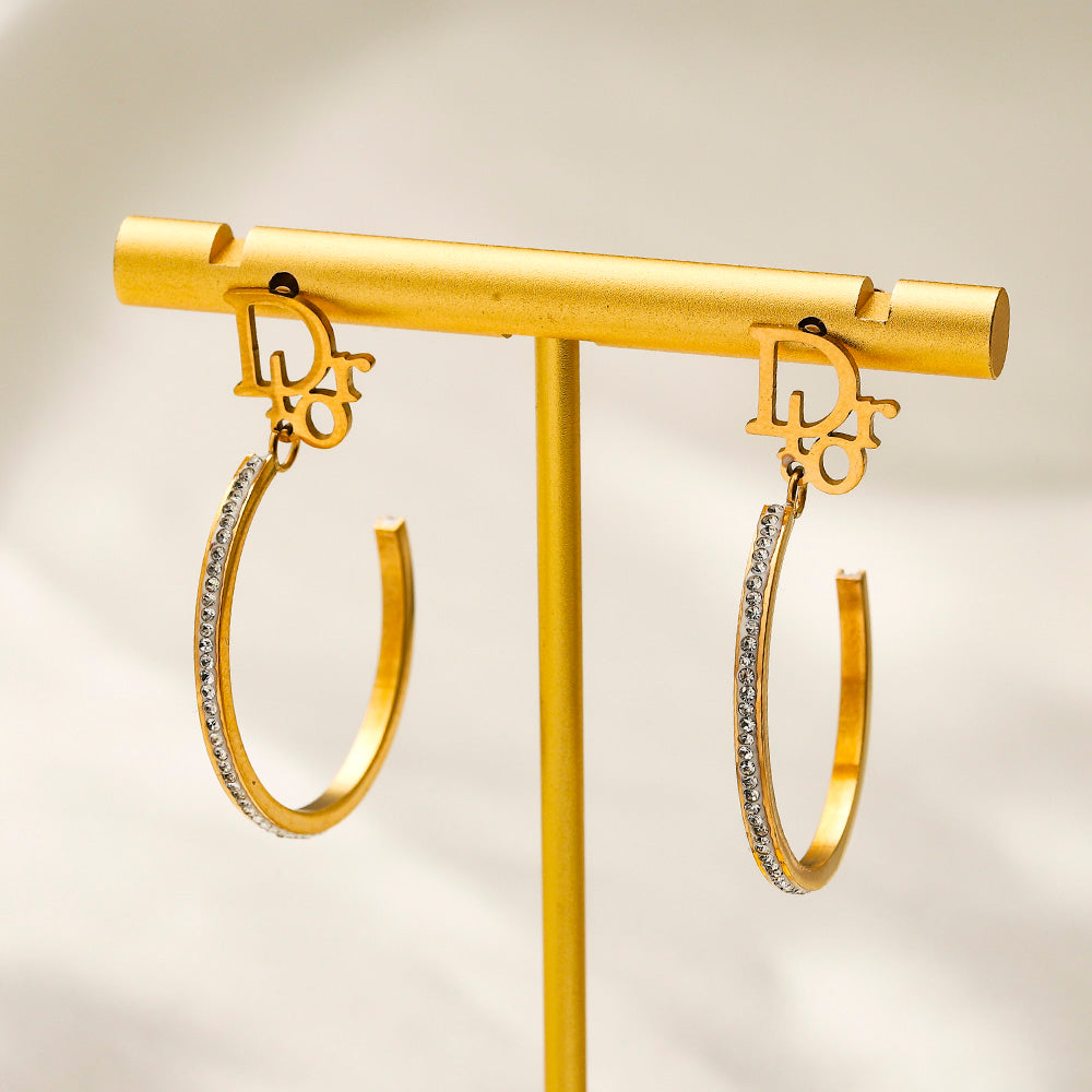 304 Stainless Steel Pave Oval Hoop Drop Earrings