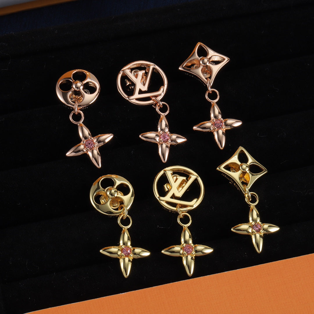 Four-Petal Flower Charm Drop Earrings