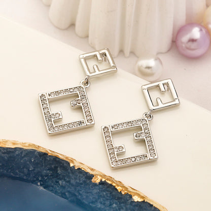 304 Stainless Steel Double Square Pave Drop Earrings
