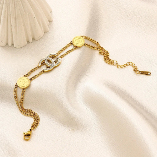 304 Stainless Steel Double-Chain Pave Interlocking-C Bracelet