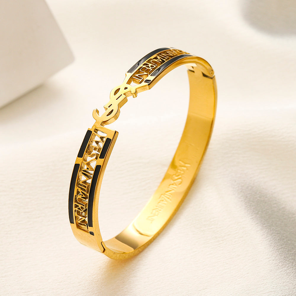 304 Stainless Steel Color-Inlay Monogram Pave Bangle Bracelet
