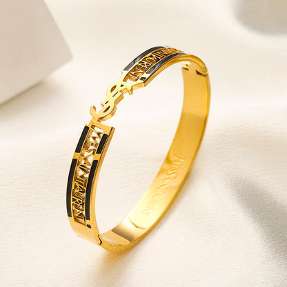 304 Stainless Steel Color-Inlay Monogram Pave Bangle Bracelet
