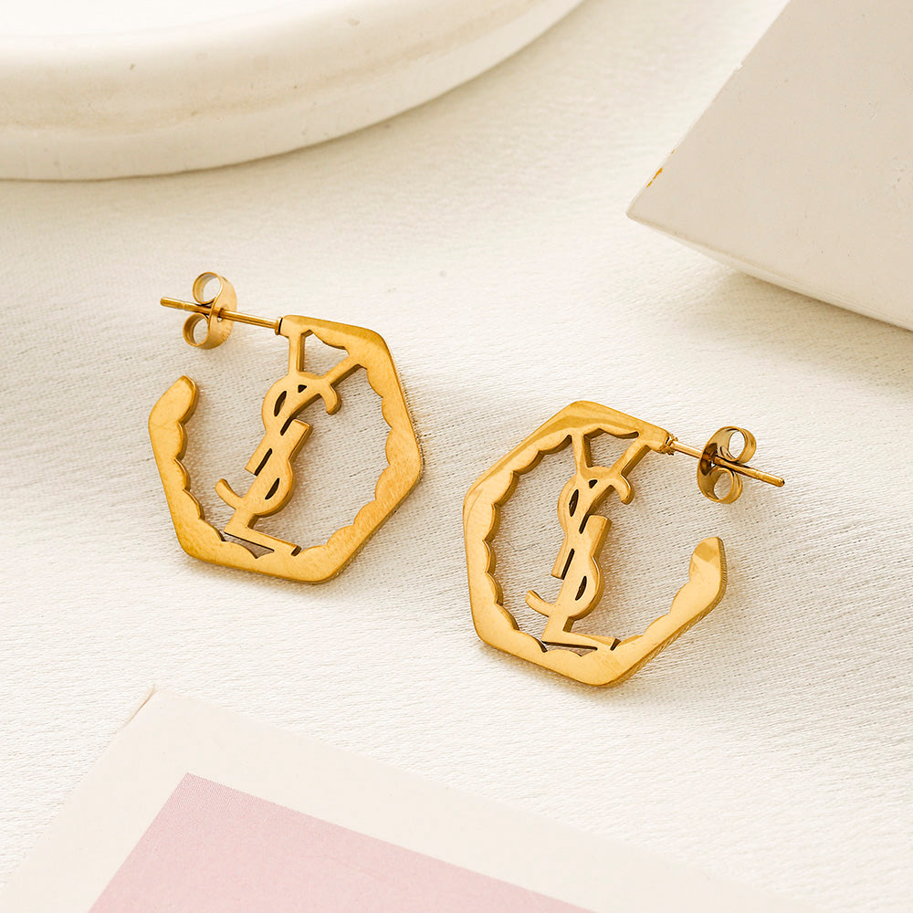 304 Stainless Steel Octagonal Monogram Hoop Earrings