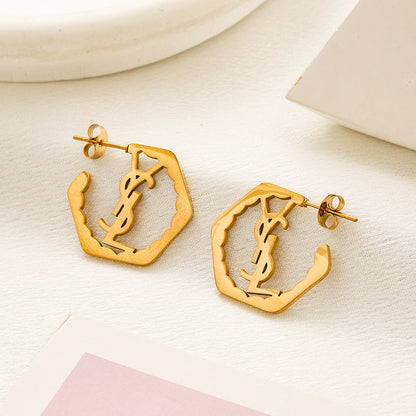 304 Stainless Steel Octagonal Monogram Hoop Earrings