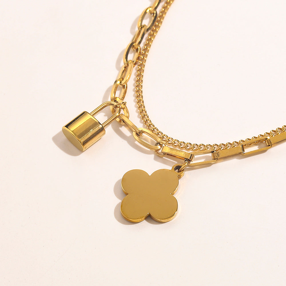 304 Stainless Steel Padlock & Black Flower Charm Bracelet