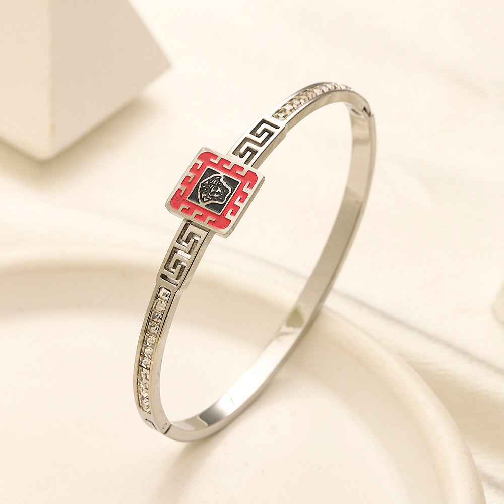 304 Stainless Steel Greek-Key Color-Accent Bangle Bracelet