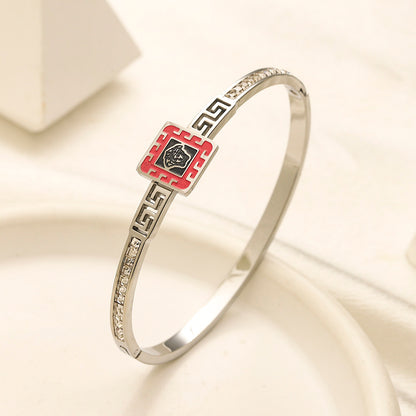304 Stainless Steel Greek-Key Color-Accent Bangle Bracelet