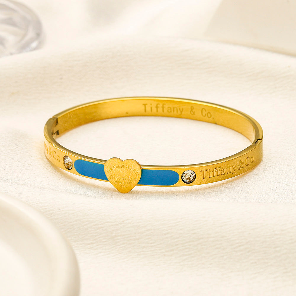304 Stainless Steel Colorful Heart Stone-Accent Bangle Bracelet