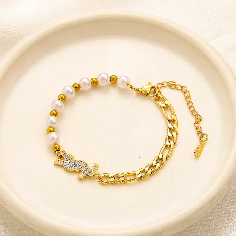 304 Stainless Steel Half-Bead Half-Chain Pave Motif Bracelet