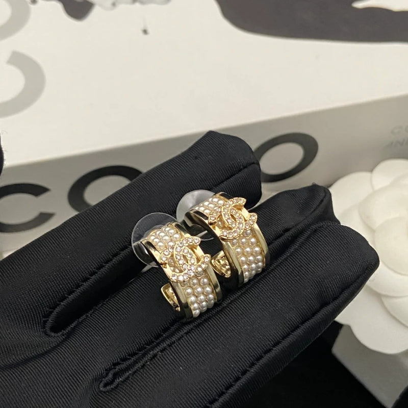Pearl-Effect Pave Band Hoop Earrings