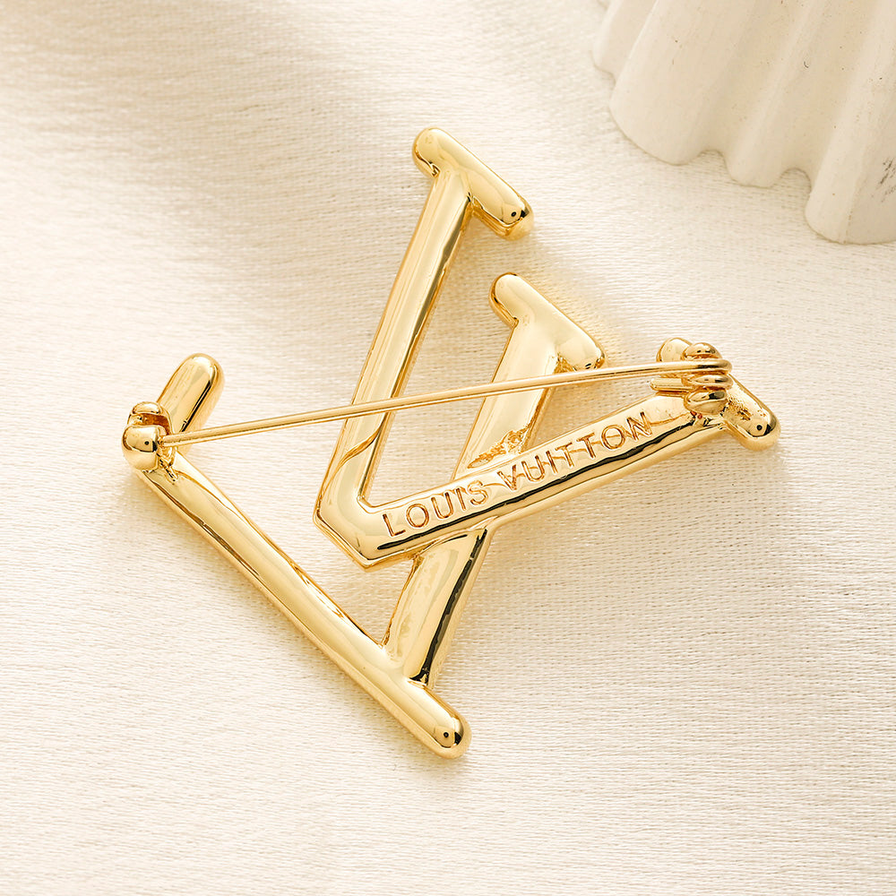 Copper Zirconium Real Gold Plated Stamped Logo Brooch,Brooches Collection、L*V Series