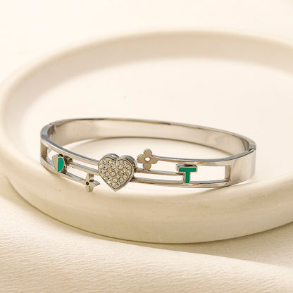 304 Stainless Steel Color-Block Heart & Letter Bangle Bracelet