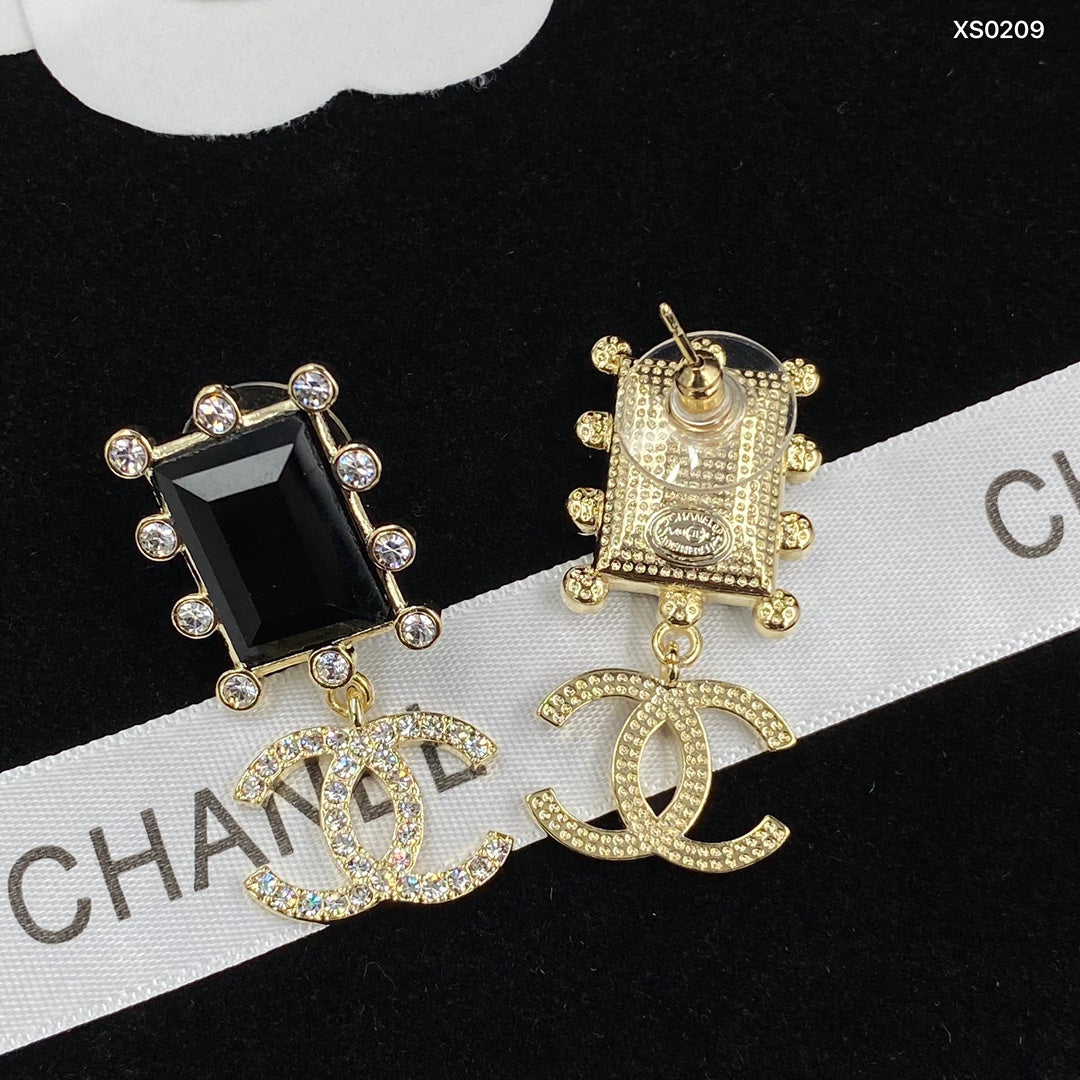 Black Rectangle & Interlocking-C Drop Earrings