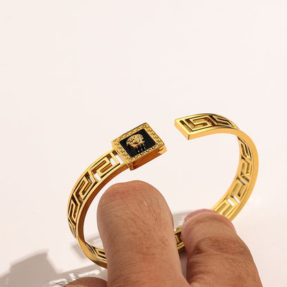 304 Stainless Steel Greek-Key Square Medallion Bangle Bracelet