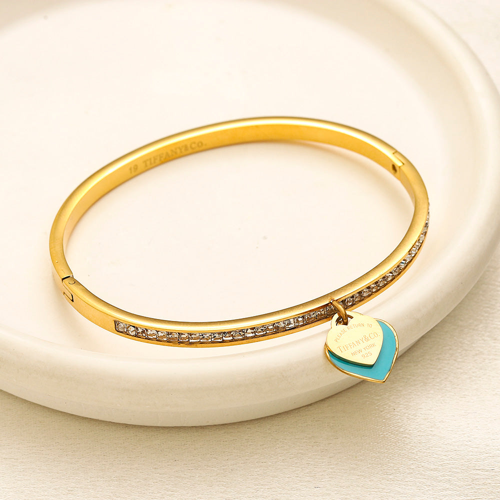 304 Stainless Steel Pave Bangle with Color-Edge Heart Charm