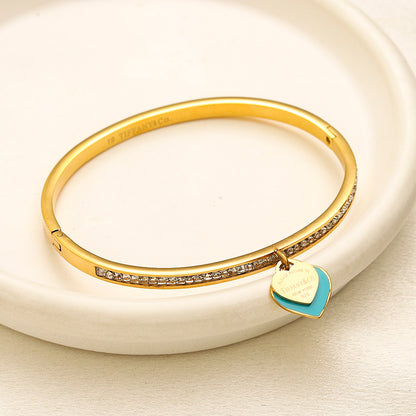 304 Stainless Steel Pave Bangle with Color-Edge Heart Charm