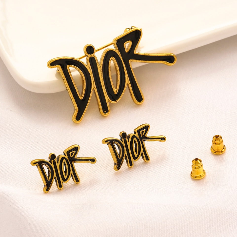 Alloy Script Letter Earrings & Brooch Collection